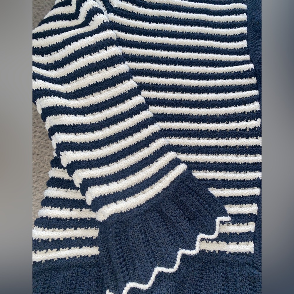 ZARA Navy and White Striped Ruffle Trim Cardigan Sweater - Size L - NEW - Picture 5 of 7